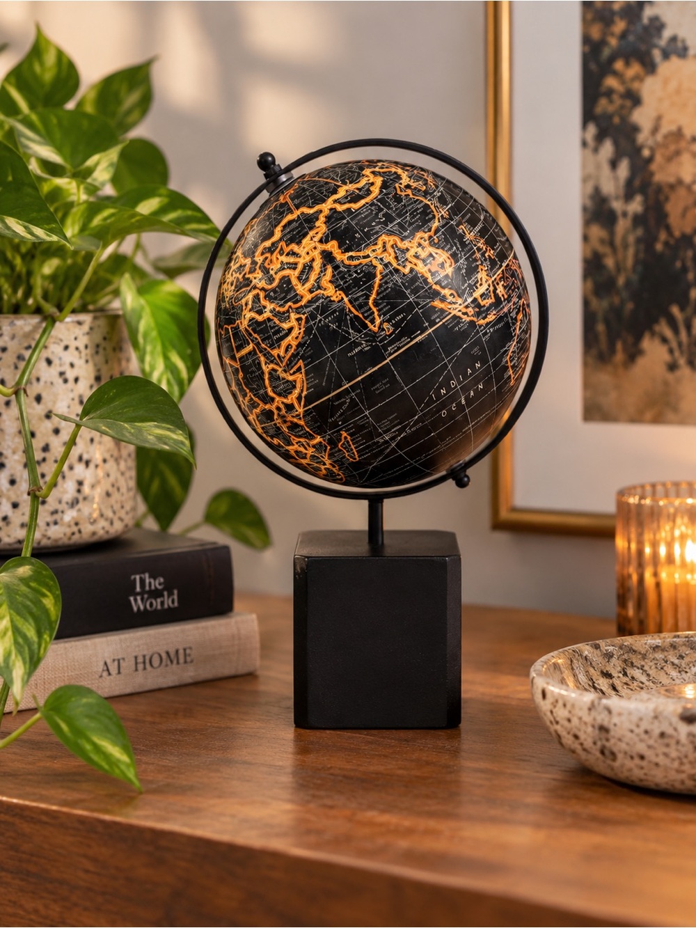 Black & Orange World Globe on Stand Vintage Style Desk Home Office Decor